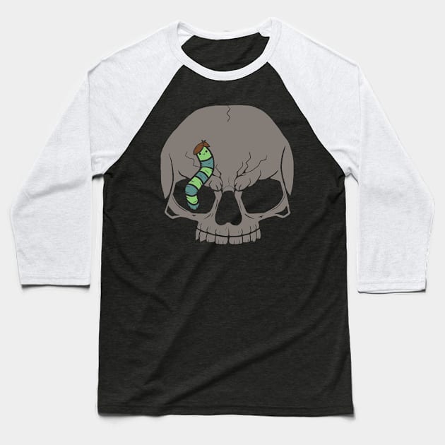 Skull With Cute Smiling Caterpillar With Funny Hair Baseball T-Shirt by jagabeic